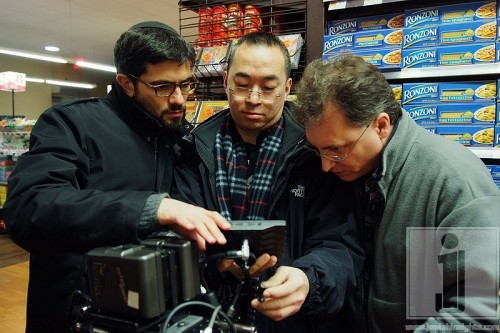 Producer Chaim Marcus with first AC Rob Lau and director Larry Guterman