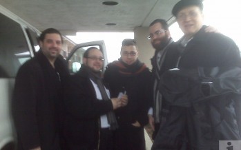 Shea Rubenstein, Ozer Babd, Shua Kessin, Yanky Katina & Yisroel Lamm, leaving to rehersal